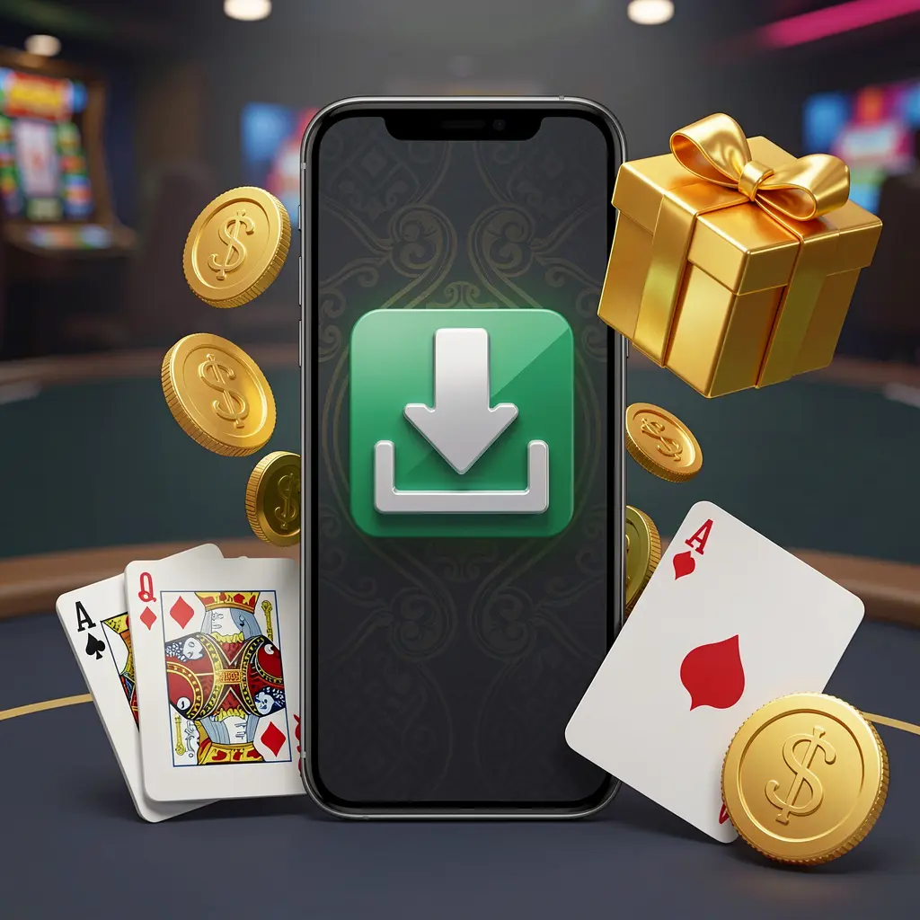 A880 casino app download concept showing a smartphone with a download icon surrounded by golden coins, a gift box, and playing cards in a modern mobile gaming atmosphere A880 casino app download concept showing a smartphone with a download icon surrounded by golden coins, a gift box, and playing cards in a modern mobile gaming atmosphere