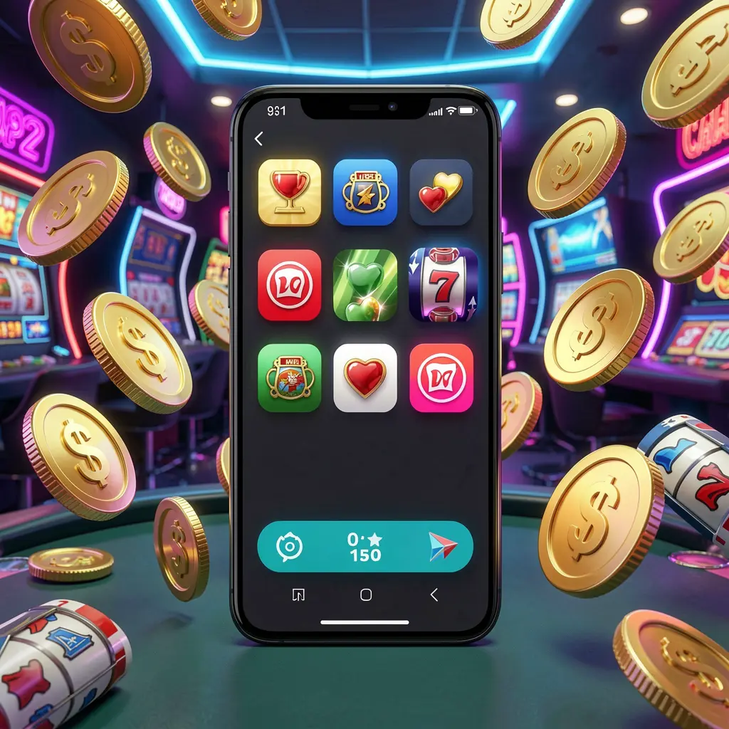 A880 Android casino app concept displayed on a modern phone with app icons, surrounded by golden coins and slot symbols floating in a neon casino atmosphere, realistic 3D render A880 Android casino app concept displayed on a modern phone with app icons, surrounded by golden coins and slot symbols floating in a neon casino atmosphere, realistic 3D render