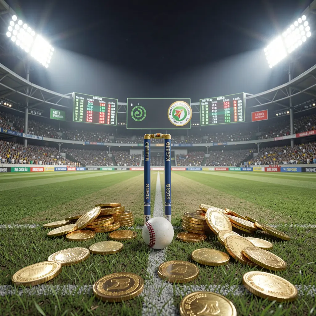 A880 live cricket betting scene featuring a cricket pitch illuminated by bright stadium lights, wickets, a ball, golden coins, and glowing odds panels in a cinematic realistic style