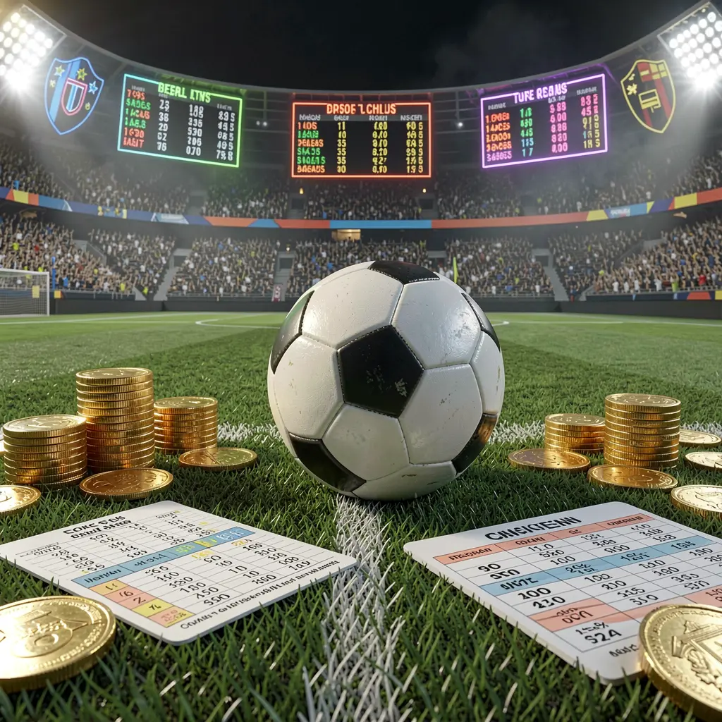 A880 premium sports betting scene featuring a realistic 3D football field with a stadium crowd, a soccer ball, golden coins, betting slip elements, and neon odds panels