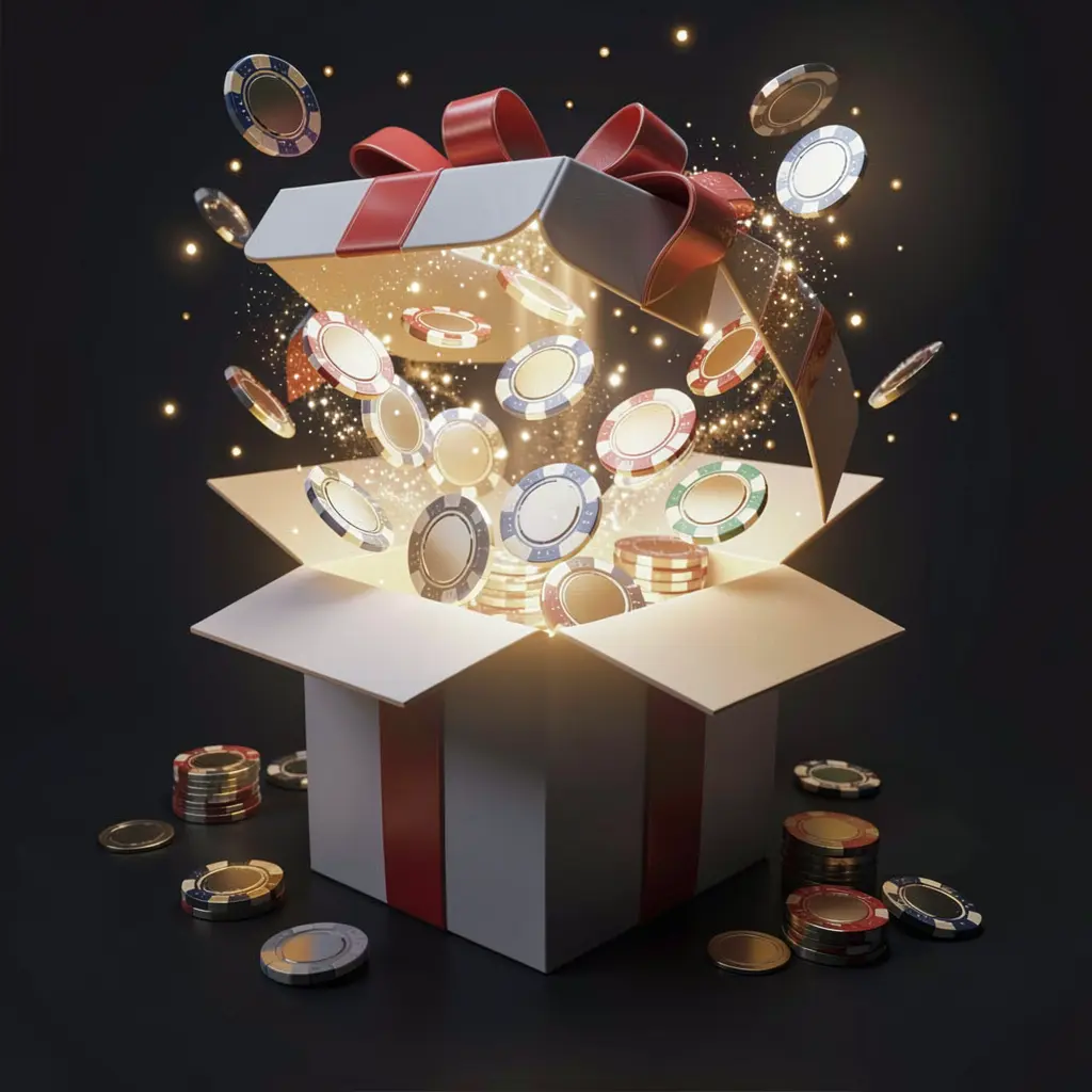 A880 no deposit bonus visual featuring free casino chips emerging from a glowing gift box with magical sparkles against a dark premium background in a realistic 3D render A880 no deposit bonus visual featuring free casino chips emerging from a glowing gift box with magical sparkles against a dark premium background in a realistic 3D render