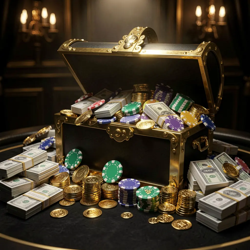 A880 casino rewards scene featuring a golden treasure chest overflowing with chips, cash bundles, and sparkling coins in an elegant black and gold style with dramatic lighting A880 casino rewards scene featuring a golden treasure chest overflowing with chips, cash bundles, and sparkling coins in an elegant black and gold style with dramatic lighting