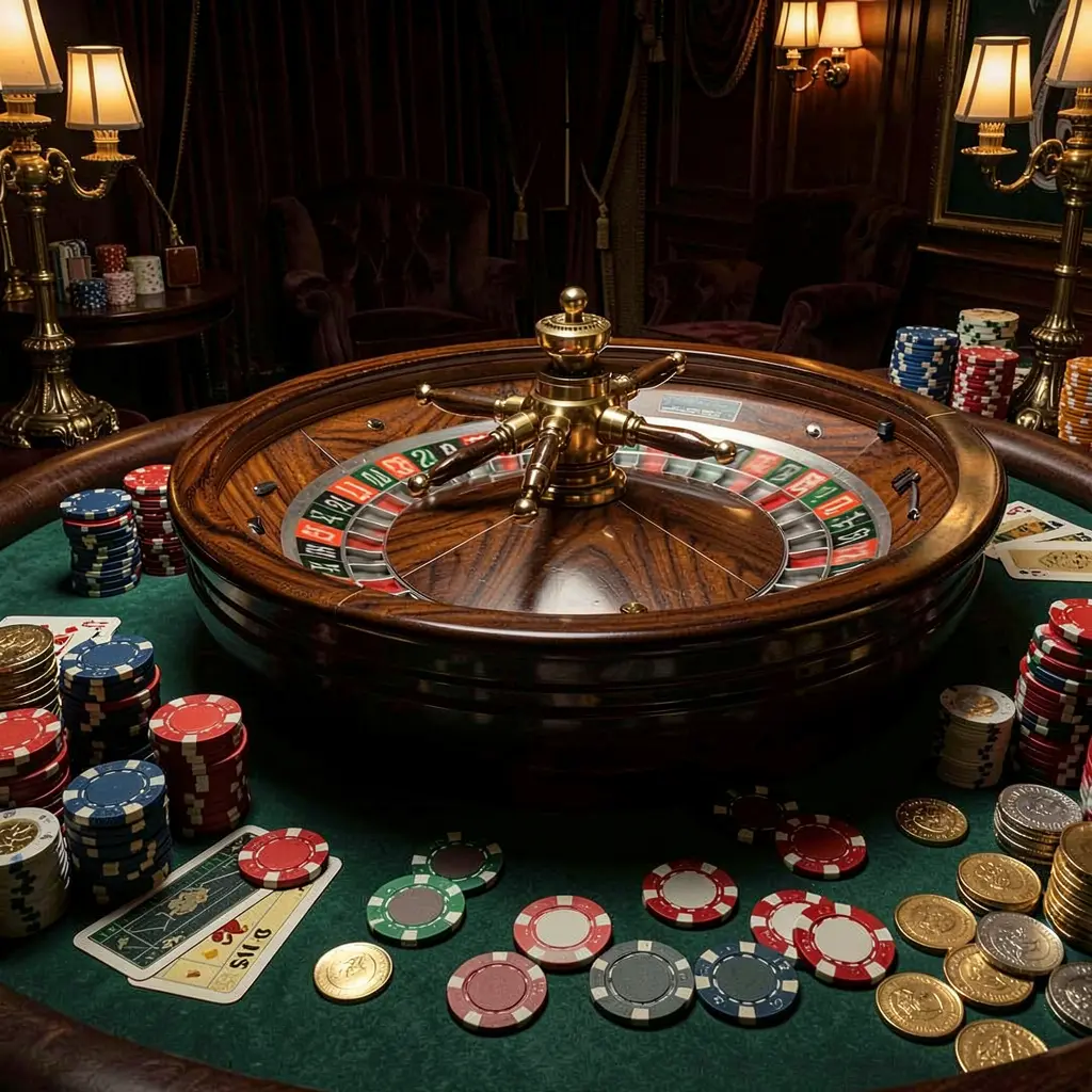 A880 classic casino scene featuring a spinning roulette wheel, scattered chips, playing cards, and coins on a dark elegant table with cinematic lighting