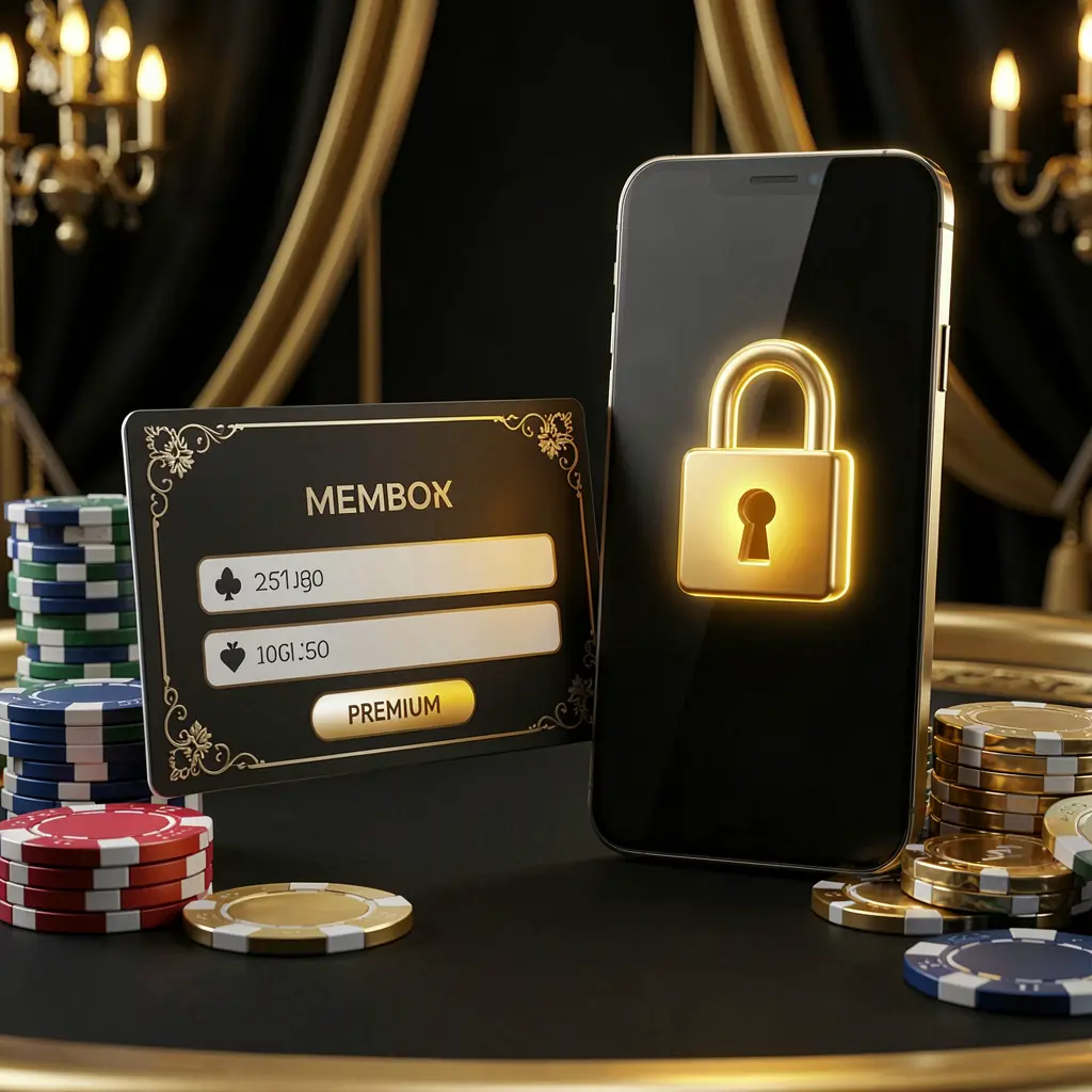 A880 casino member login concept featuring a premium membership card beside a smartphone with a glowing lock symbol, surrounded by poker chips and coins on a black and gold luxury background in a realistic 3D illustration.