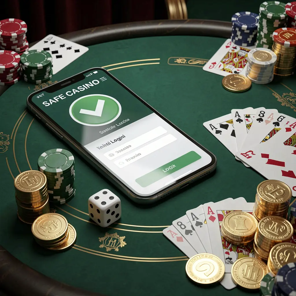 A880 safe casino login concept showing a smartphone with a verification checkmark icon surrounded by chips, cards, dice, and golden coins on an elegant luxury casino table in a 3D realistic render.