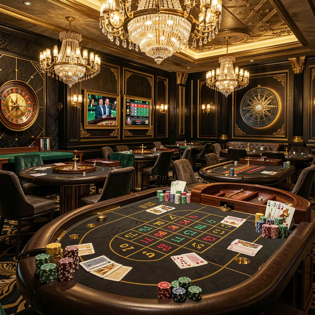 A880 luxury online casino lobby with glowing roulette tables, golden lights, poker chips, and cards in a premium black and gold design
