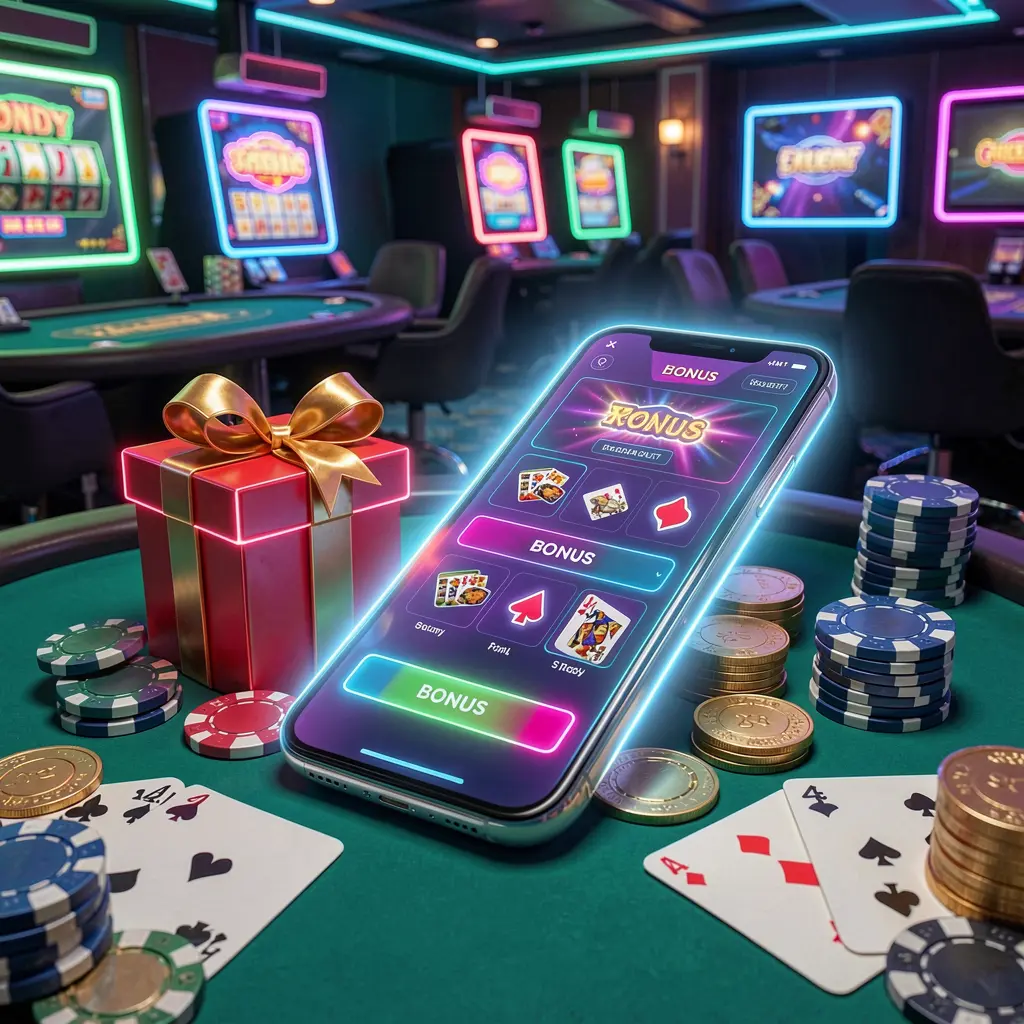 A880 modern casino website hero scene featuring a smartphone with glowing interface surrounded by bonus gift box, chips, coins, and playing cards in a premium neon casino style